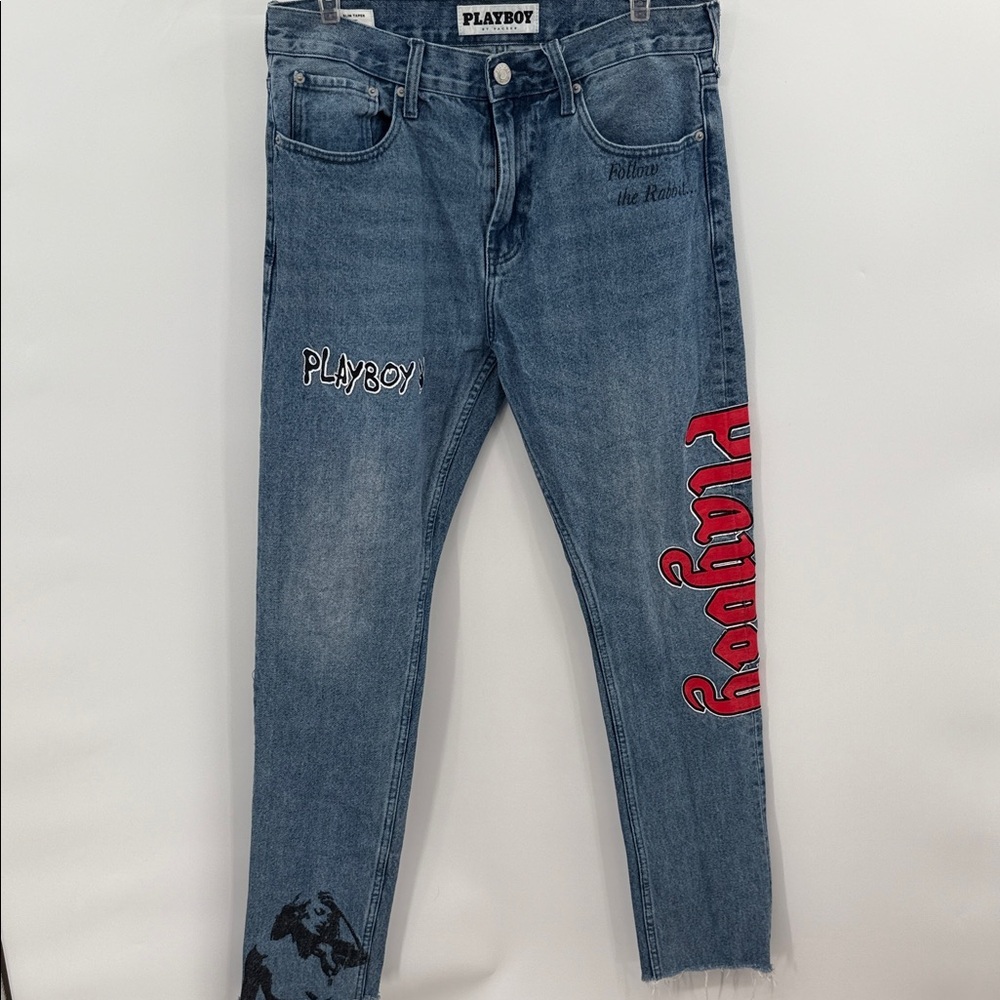 PLAYBOY by PacSun Distressed Blue Jeans w/Playboy Graphics 32x32 Slim Taper